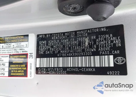 2009 Toyota Camry from USA, damaged, VIN 4T1BE46KX9U293305